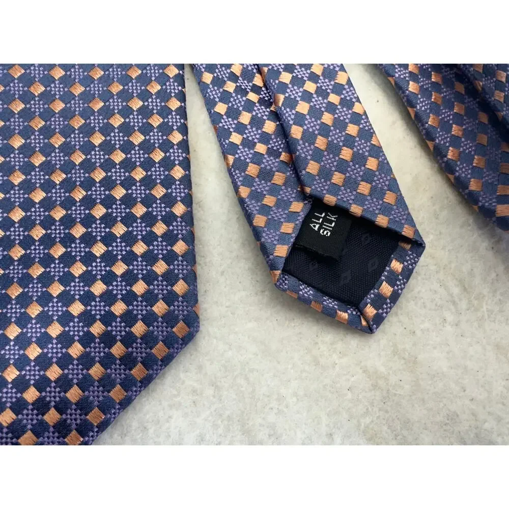 Tom James Executive Collection 100% Silk Tie Blue with Pink & Navy Squares